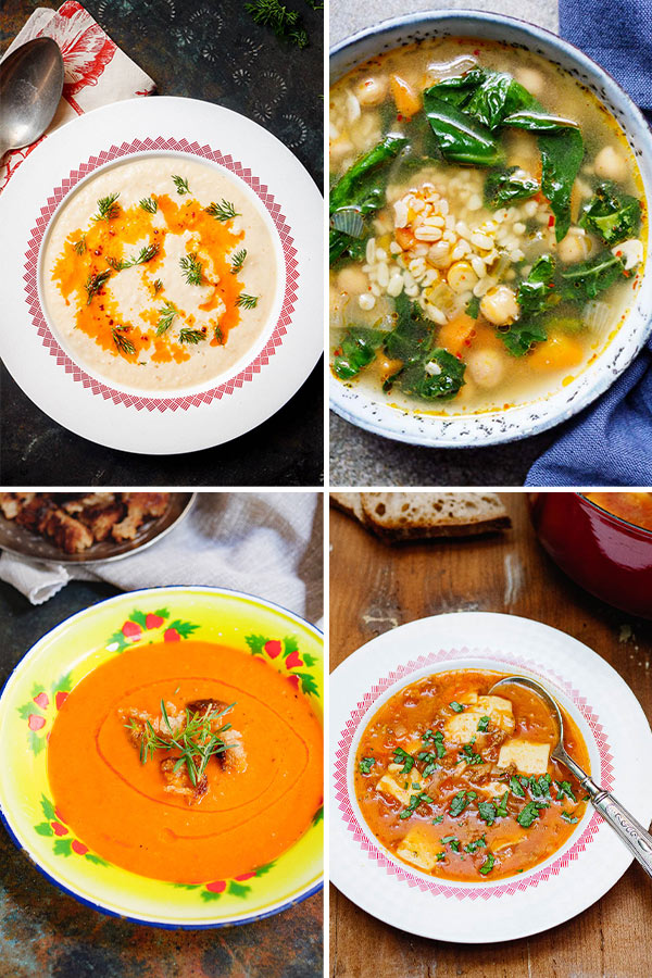 Fire supper i kollasj: Blomkålsuppe, varmende vintersuppe, tomatsuppe og tyrkisk tomatsuppe med kjøttdeig