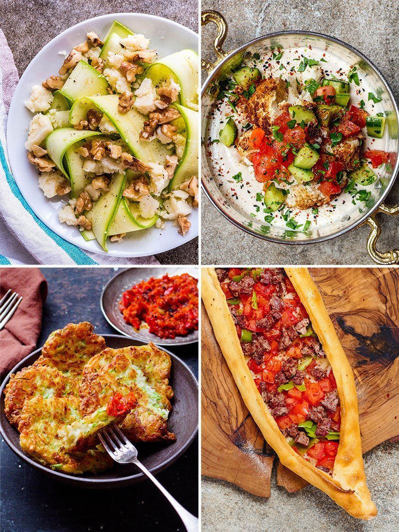 Kollasj: Rå squashsalat, blomkålhummus, squashburger og tyrkisk pizza