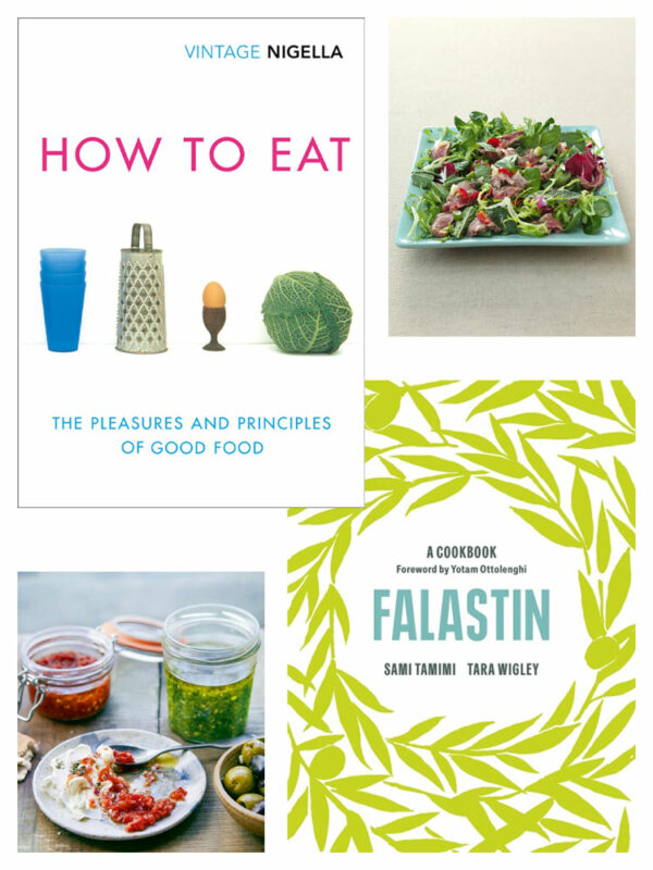 Omslag for How to Eat av Nigella Lawson og Falastin av Sami Tamimi og Tara Wigley med bilde av en rett fra hver bok