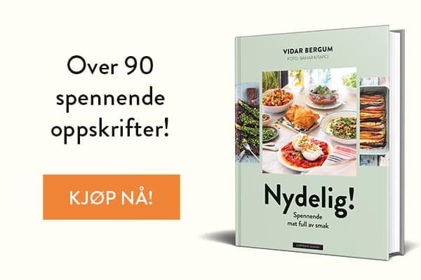 Omslaget av boka Nydelig ved siden av teksten Over 90 spennende oppskrifter! og knapp for å kjøpe nå