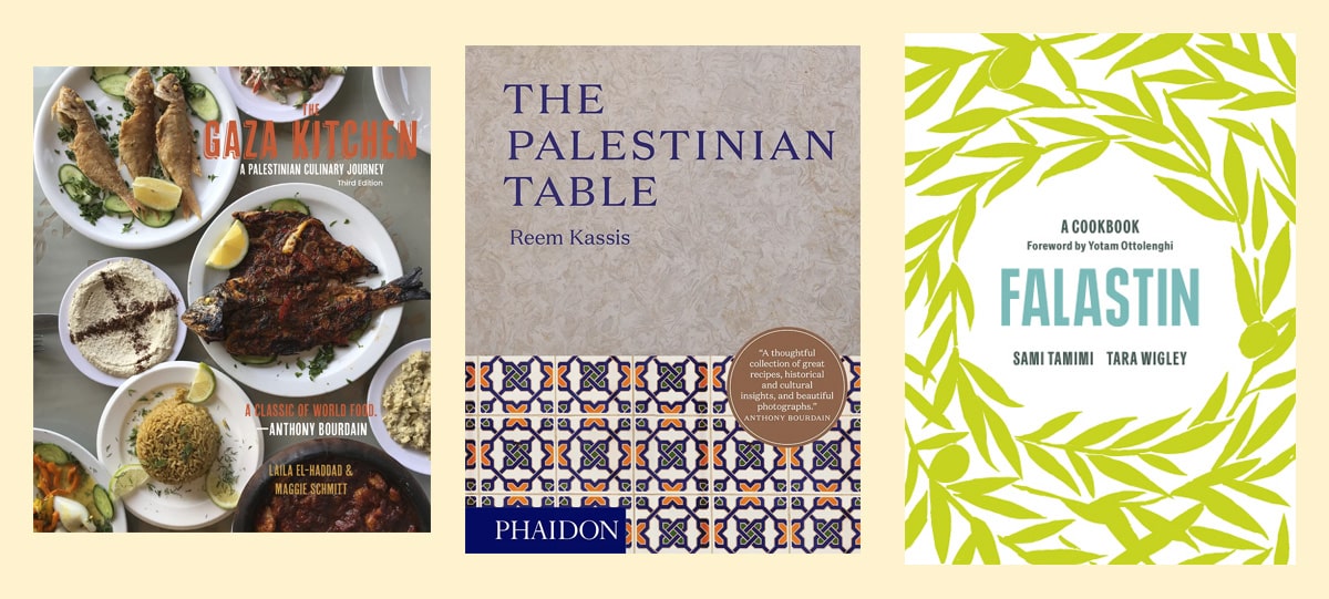 Omslag til kokebøkene The Gaza Kitchen, The Palestinian Table og Falastin.